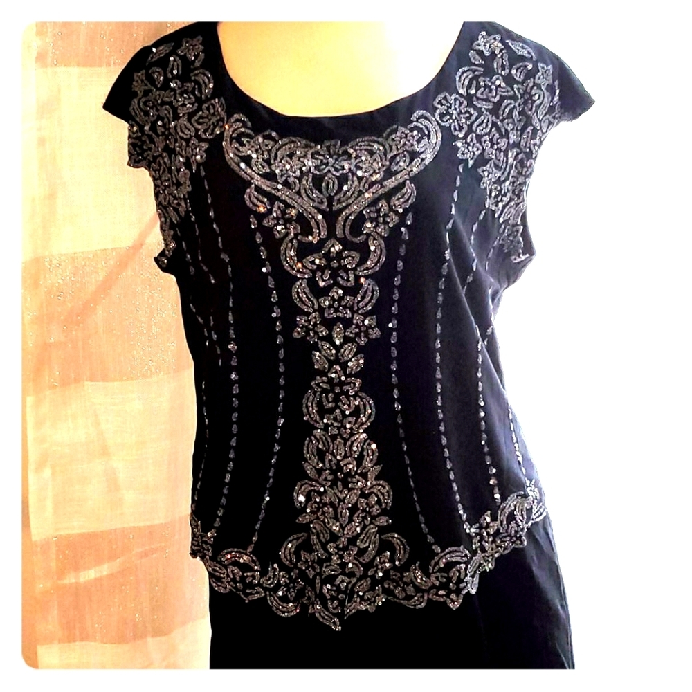 Holiday Christmas sparkle Black beaded dress Another Thyme size 12p Y2k 90s 00s